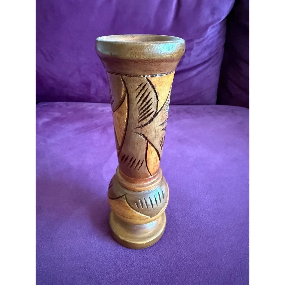 Hand Carved Vtg Wood Vase Flower Tiki Bar MCM Standing 8.25